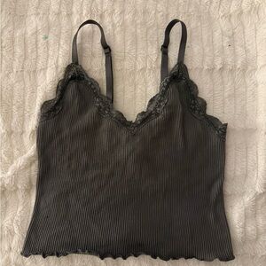 Lace Trim Ribbed Cami Tank Top - Dark Gray